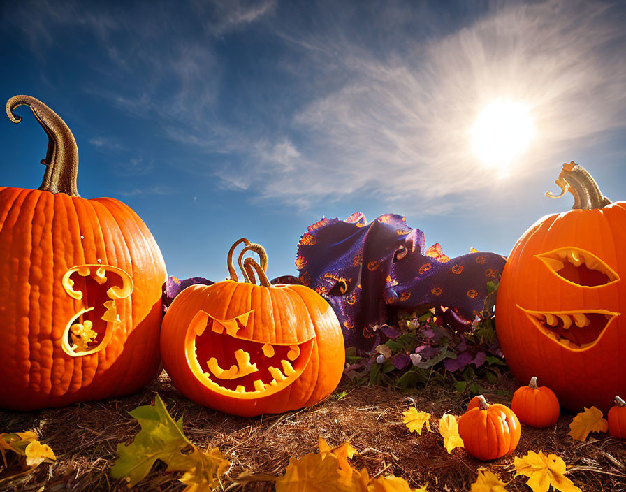 Carved pumpkins under bright sun and autumn leaves on purple fabric