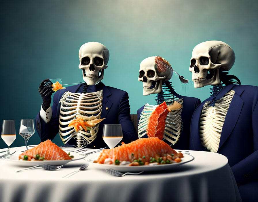 Three skeletons in suits dining with seafood and wine glasses on teal background