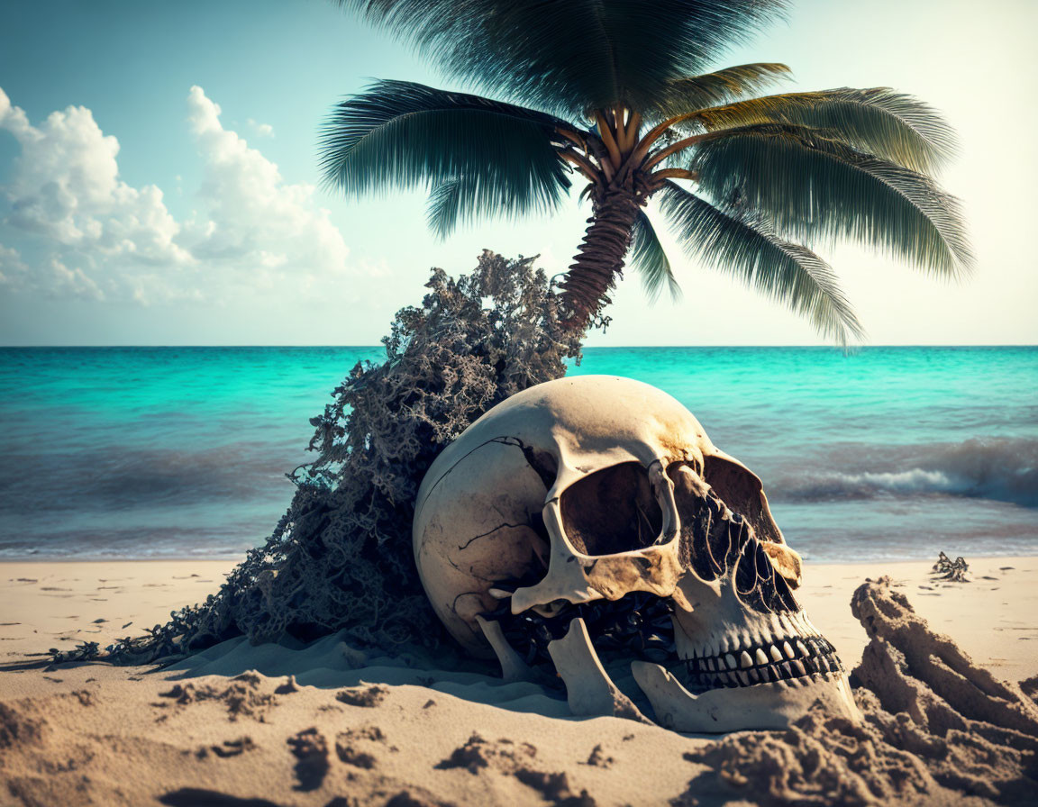 Half-buried human skull with palm tree on seaside