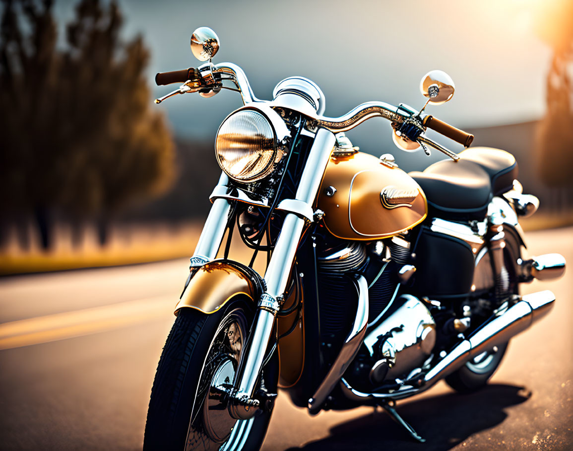 Vintage-Style Motorcycle with Chrome Details and Gold Tank on Sunlit Road