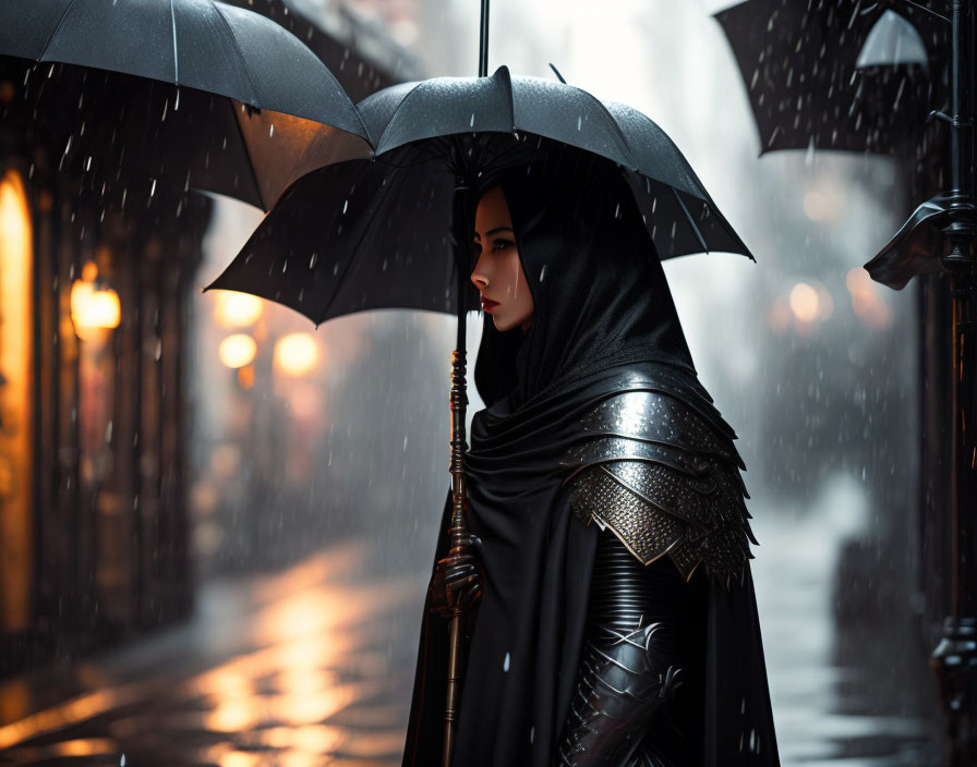 Figure in dark armor with umbrella in rain under glowing street lamps