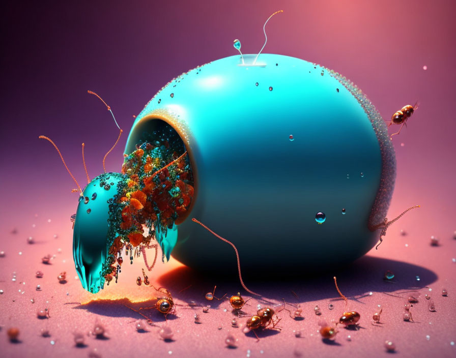 Surreal turquoise apple with liquid interior on purple backdrop