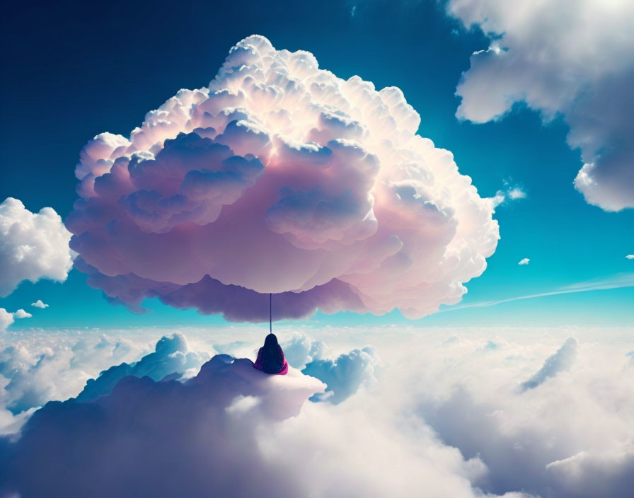 Figure sitting under tree-shaped cloud above sea of clouds in surreal landscape