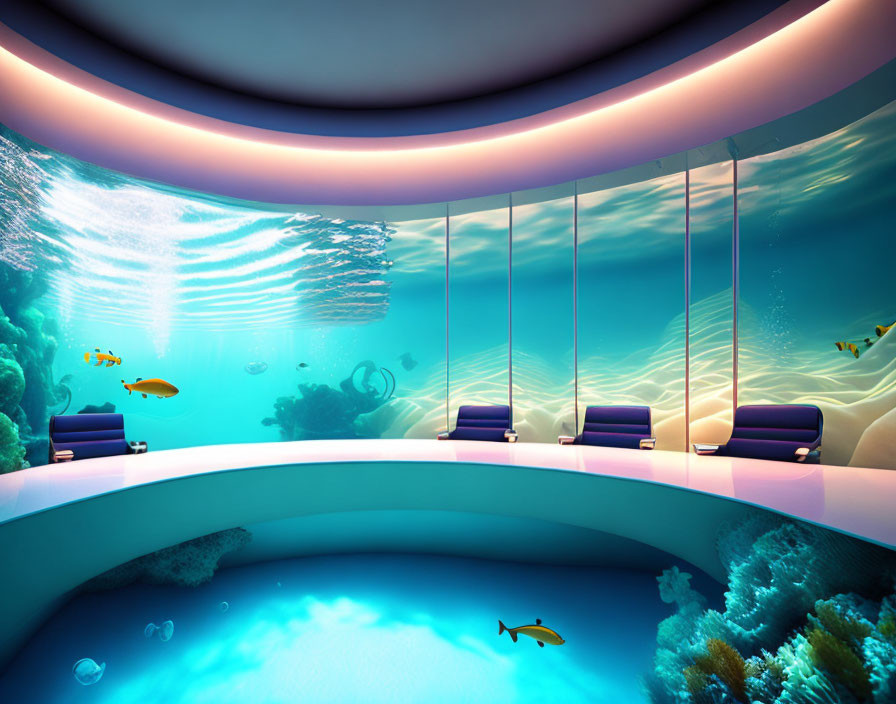 Panoramic underwater observatory with vibrant marine life, coral, fish, modern seating, soft lighting