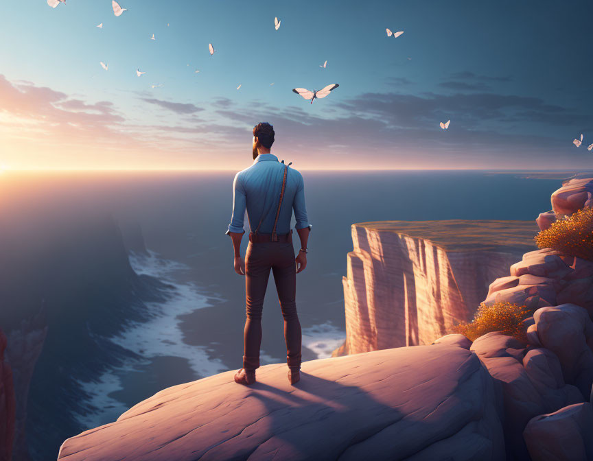 Man in Suspenders Stands on Cliff at Sunset overlooking Vast Sea with Birds