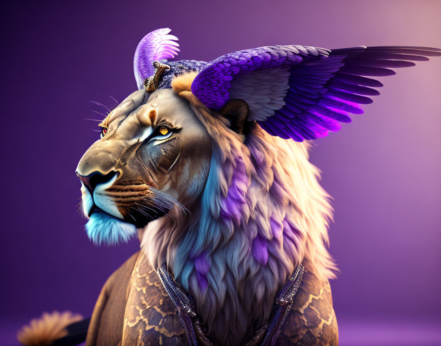 Majestic fantasy creature with lion body, bird wings, and unicorn horn on purple background