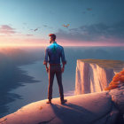 Man in Suspenders Stands on Cliff at Sunset overlooking Vast Sea with Birds