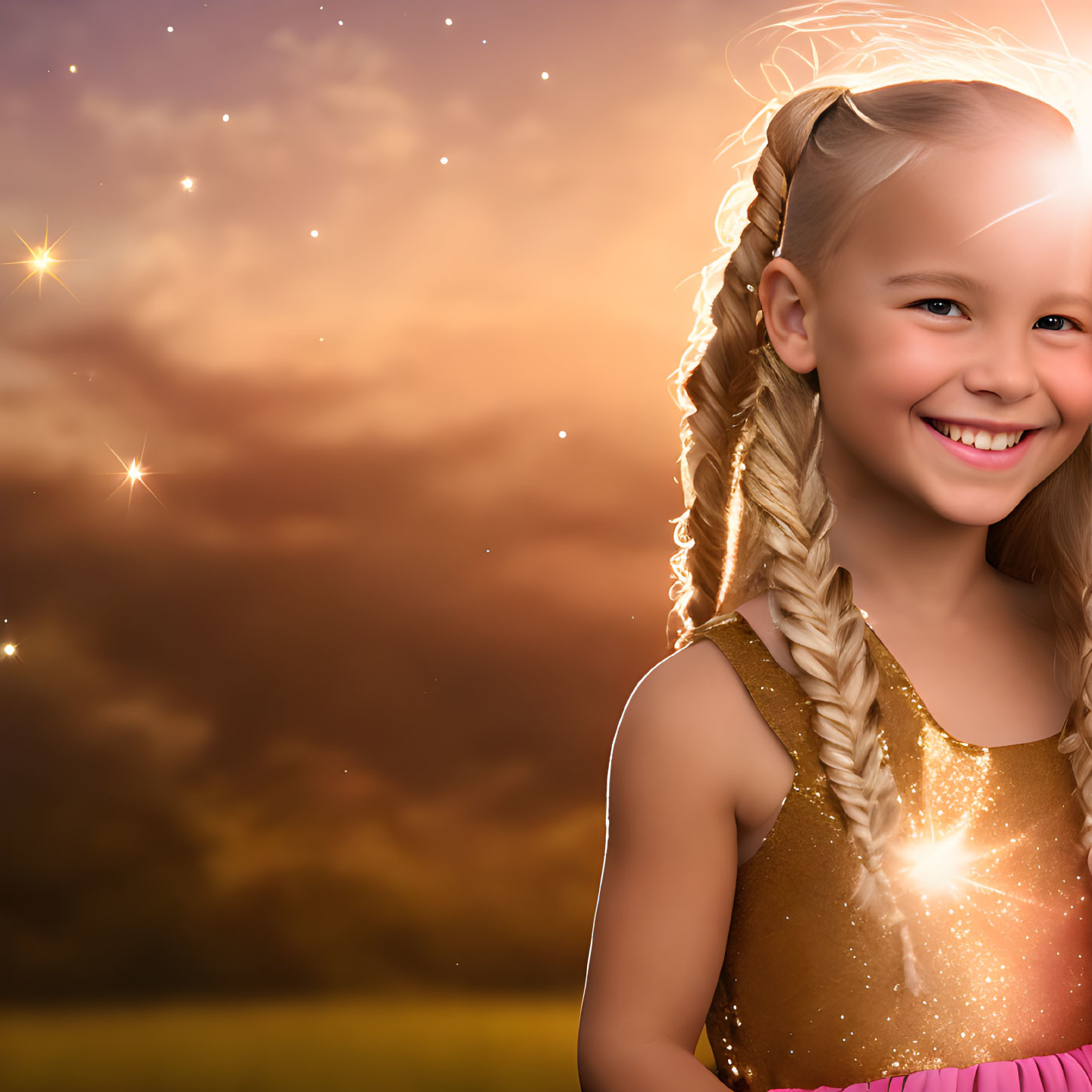 Smiling young girl with braided hairstyle in sparkly dress and star-lit sunset.