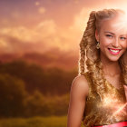 Smiling young girl with braided hairstyle in sparkly dress and star-lit sunset.