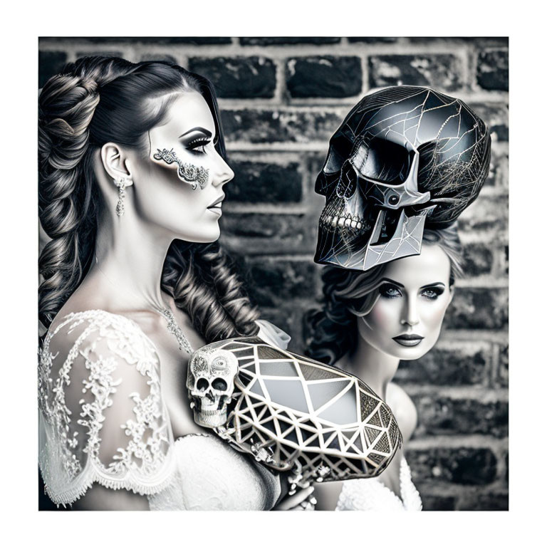 Stylized artwork of two women with intricate hairstyles and skull-themed makeup