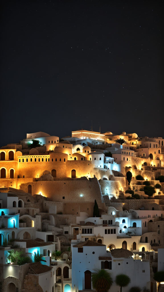 Terraced town at night with illuminated buildings and starry sky