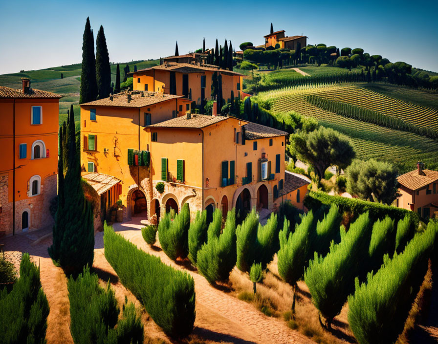 Tuscan village with terracotta-roofed houses in lush green fields