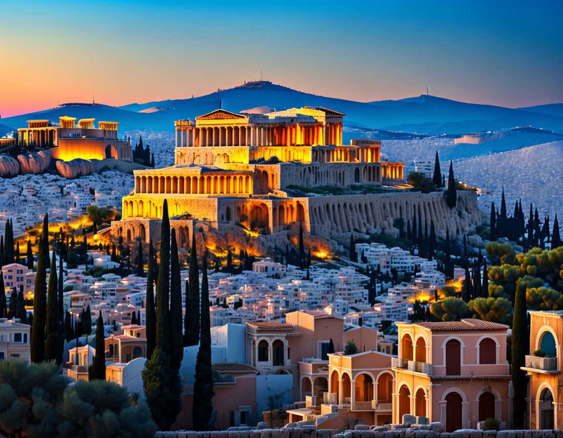 Acropolis at Twilight: Illuminated Parthenon in Athens, Greece