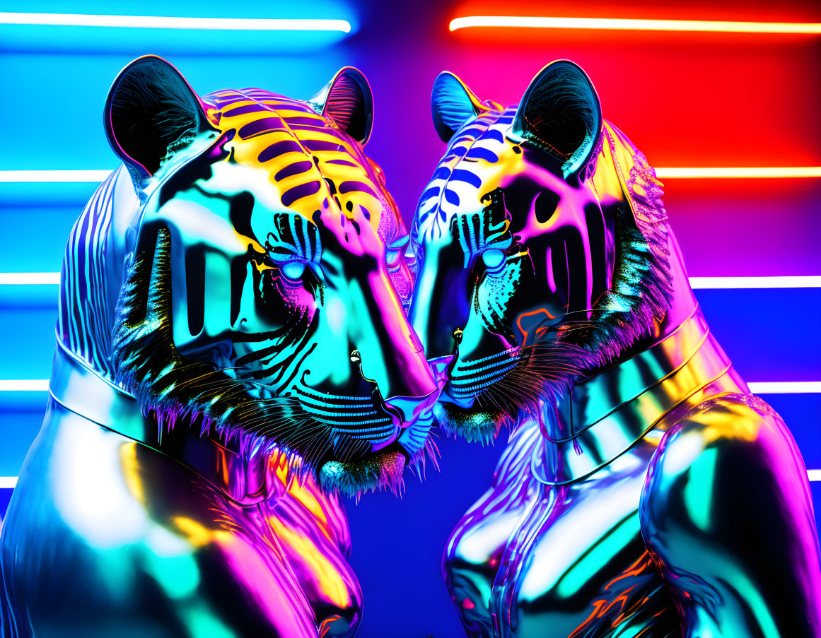 Neon-colored tiger-headed human figures in front of vibrant glowing stripes