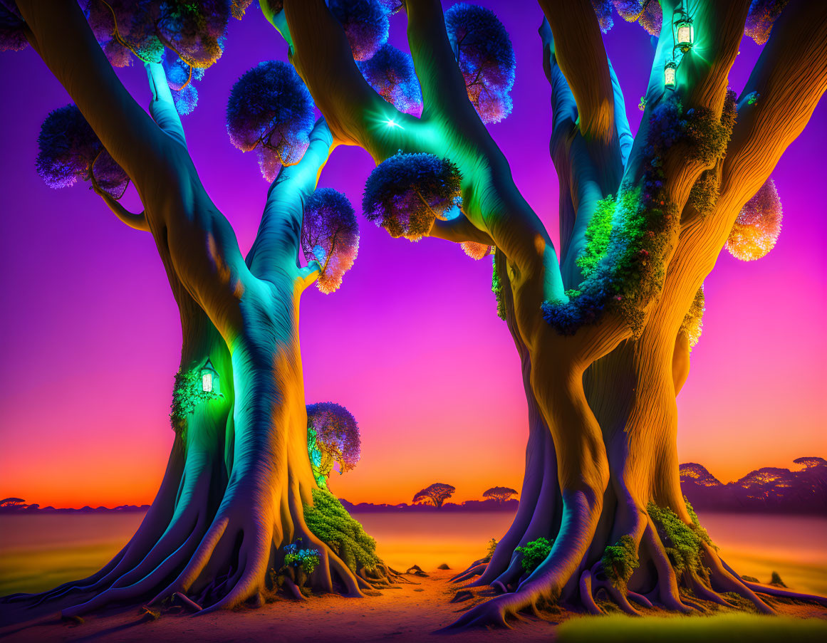 Vibrant surreal landscape: twisted trees, purple sky, luminous moss