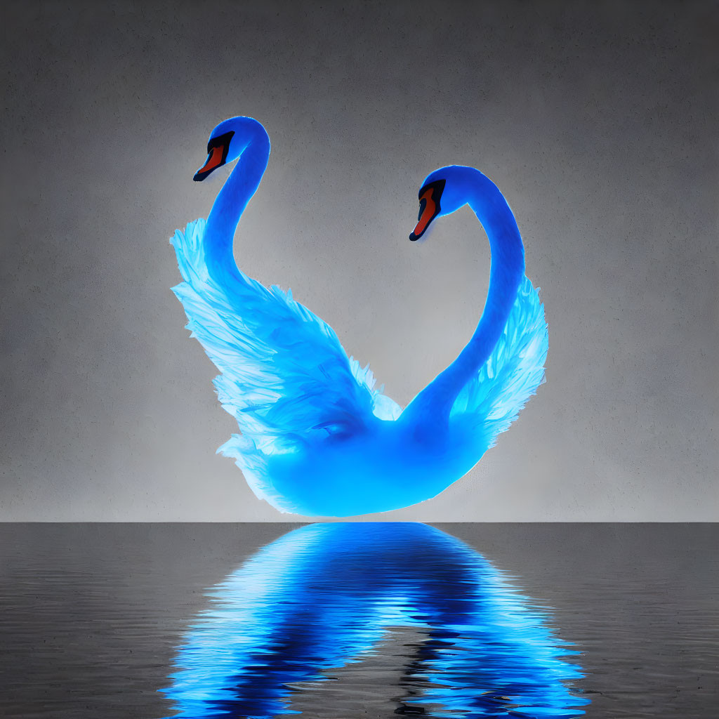 Digitally manipulated image of two swans with glowing blue feathers mirrored on water.