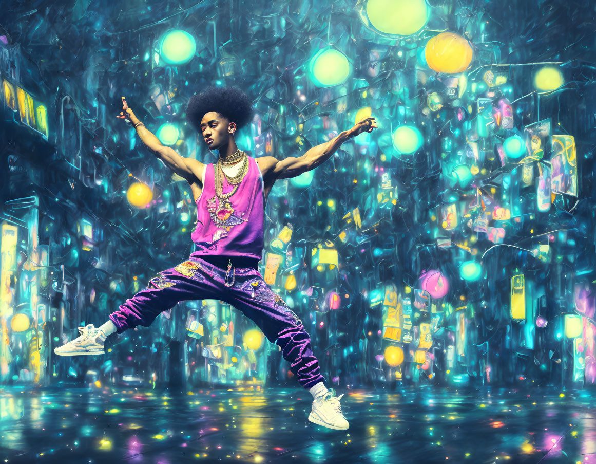 Person with Afro Hairstyle Jumping in Neon Cityscape in Purple Tank Top