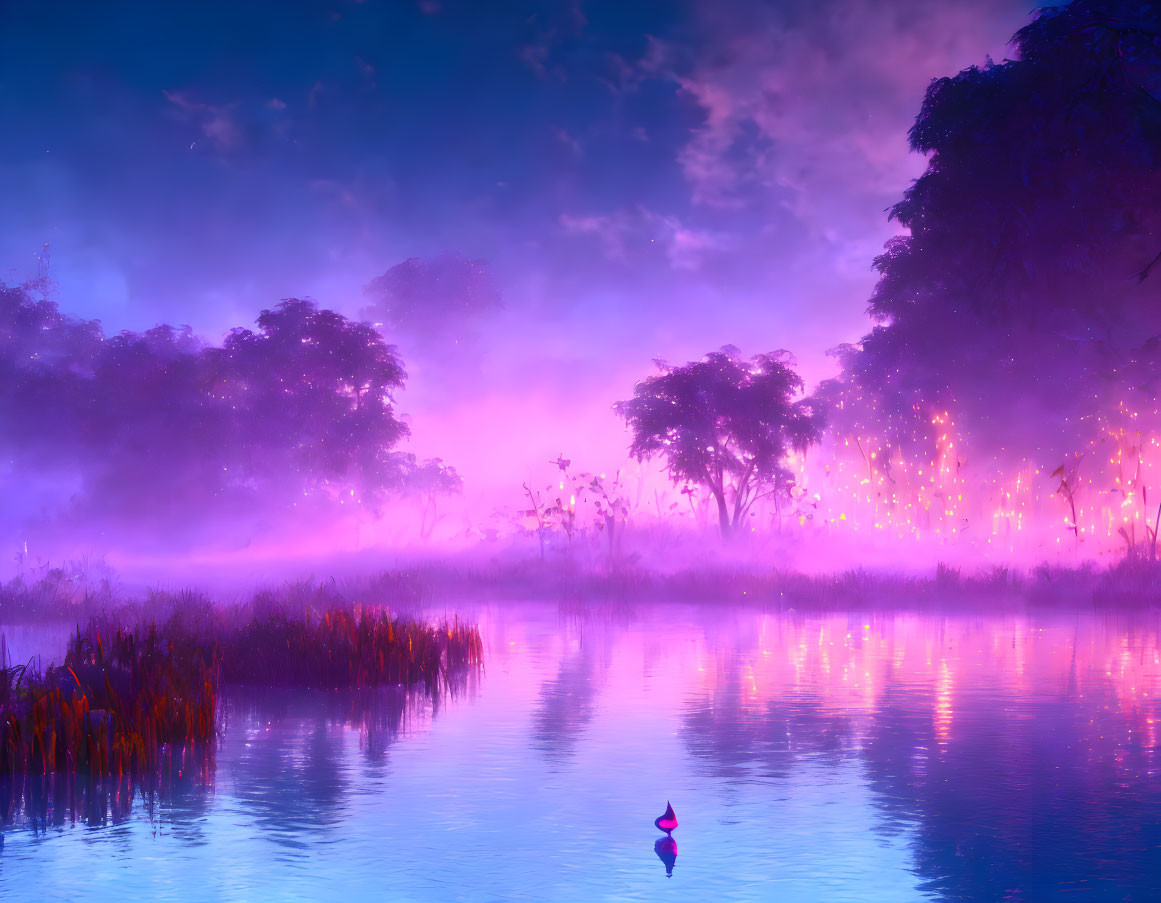 Ethereal twilight lake scene with purple hues and silhouetted trees