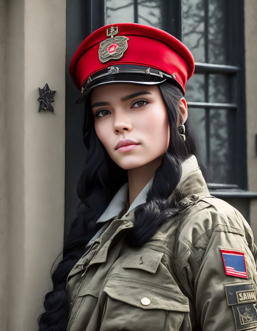 Female soldier in red military cap and khaki uniform with braided hair by wall with insignia