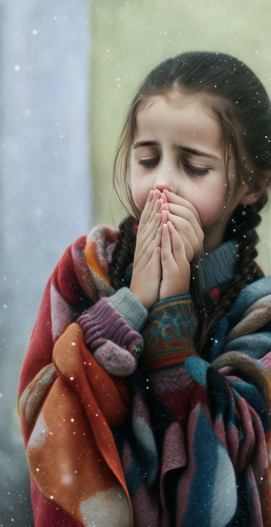 Young girl with braided hair in colorful blanket standing in snow with eyes closed