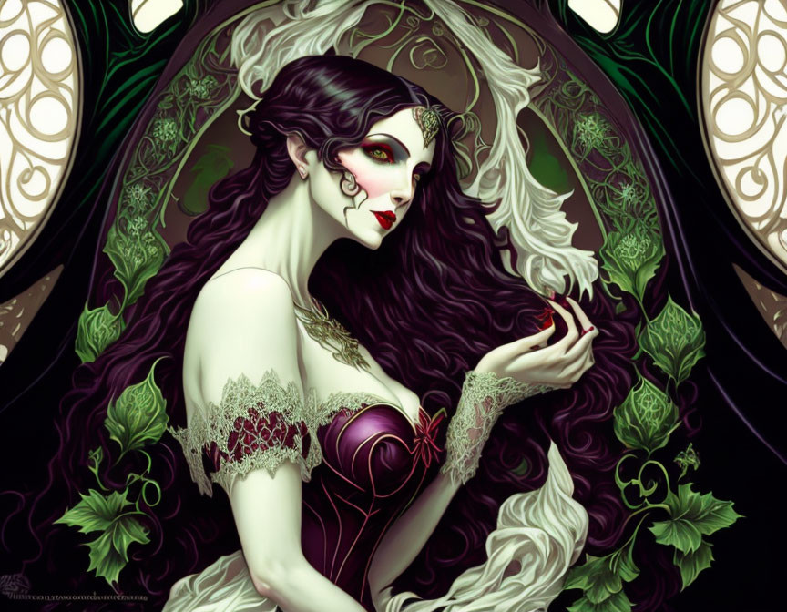 Gothic-style woman with pale skin in fantastical green and gold setting