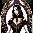 Gothic-style woman with pale skin in fantastical green and gold setting