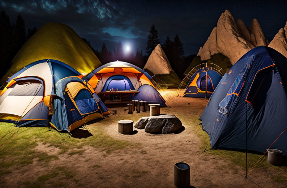 Nighttime campsite with illuminated tents, campfire, rocks, trees, starry sky, and