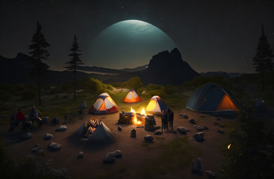 Campers by Night: Bonfire, Tents, Moon, Mountains