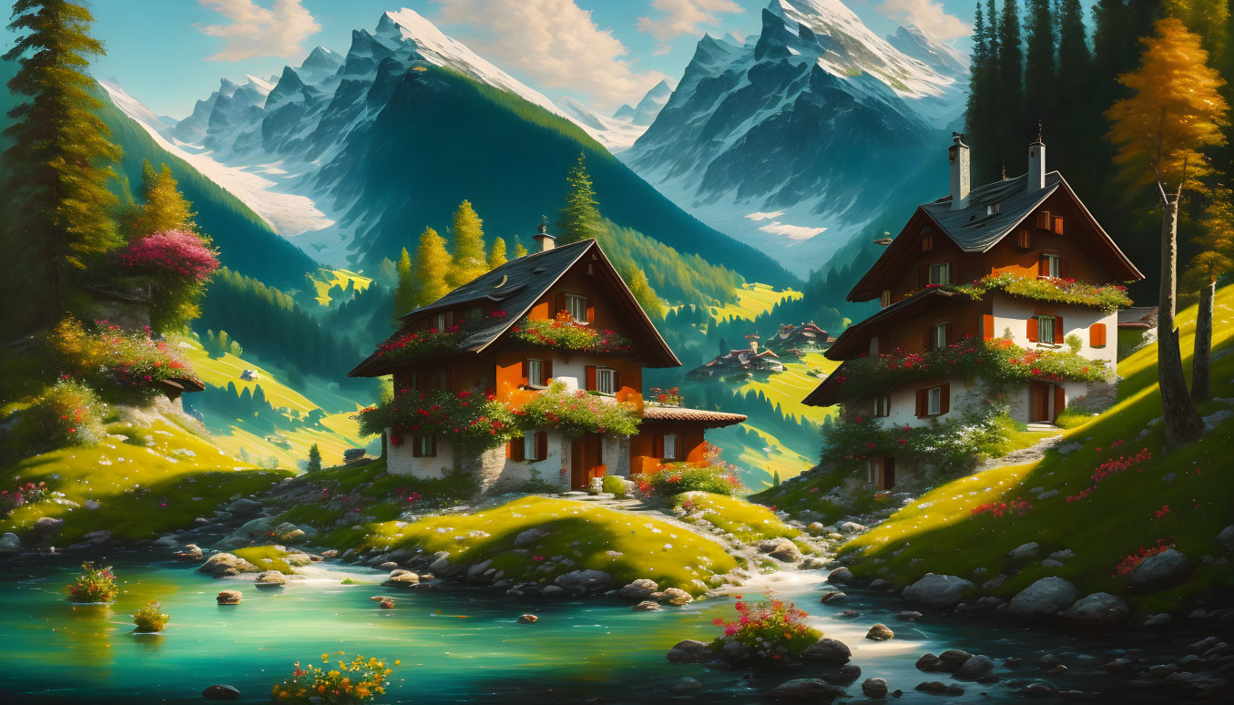 Scenic Alpine landscape with cozy chalets, blue stream, lush forests, and snow-capped mountains