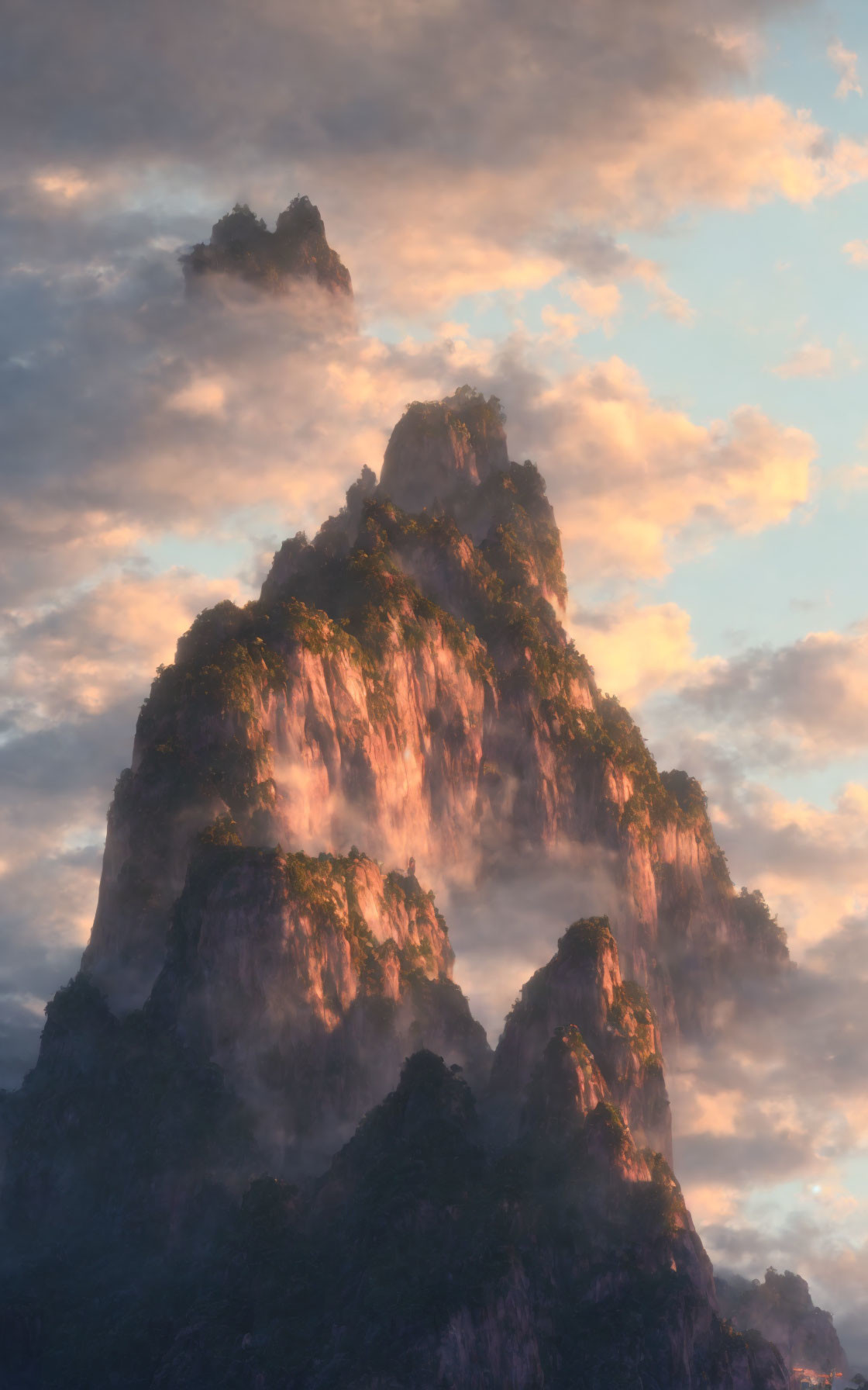 Majestic mountain peak in misty sunset with scattered clouds