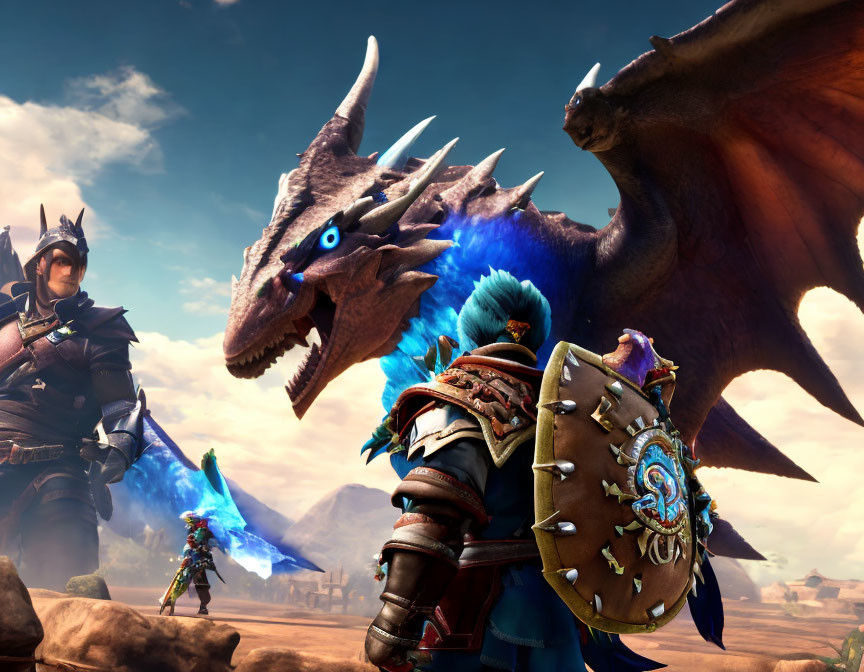 Armored warriors with weapons near blue dragon in desert setting