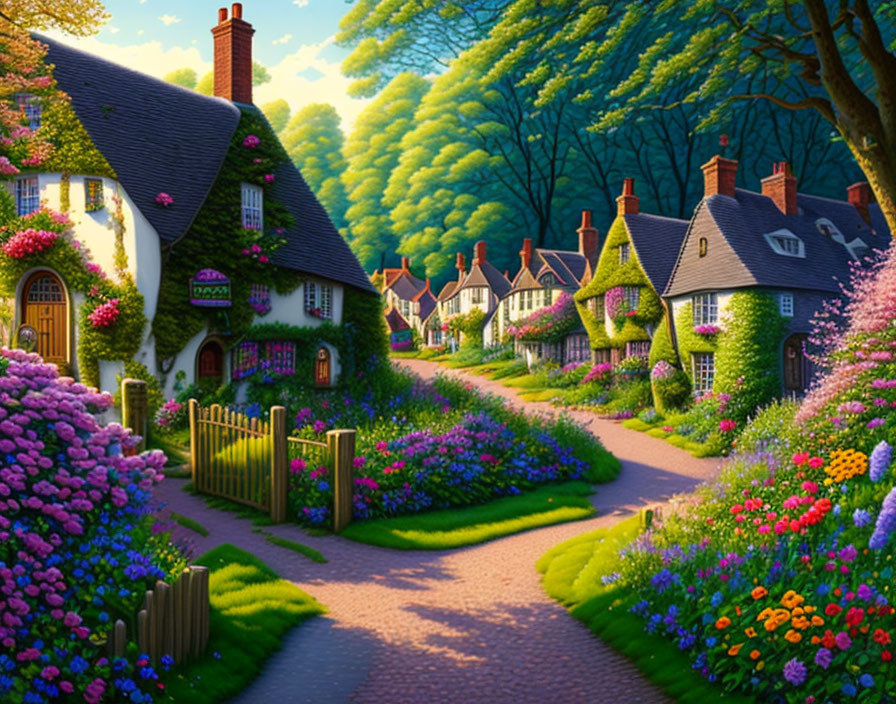 Charming village scene with cottages, flowers, and trees