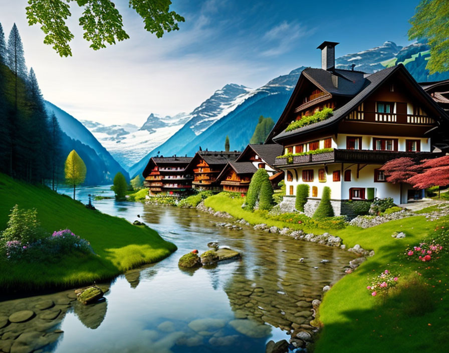 Scenic mountain village with traditional houses and lush greenery