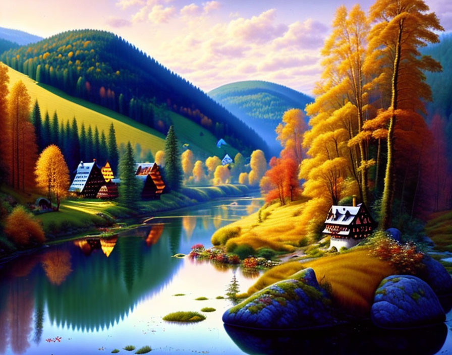 Colorful autumn landscape with river and houses.