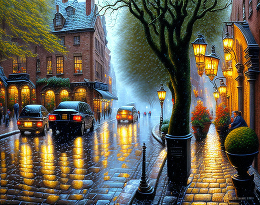 Rainy Evening Scene: Cobblestone Street, Glowing Lamps, Umbrellas, Cars Reflect