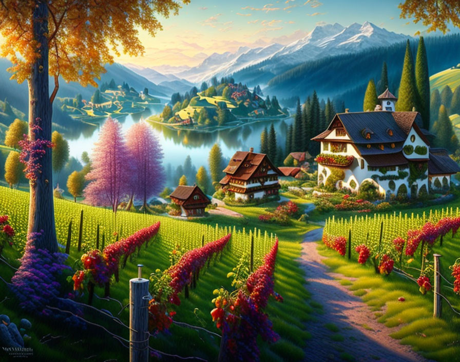 Tranquil rural landscape with cottage, vineyards, lake, and mountains