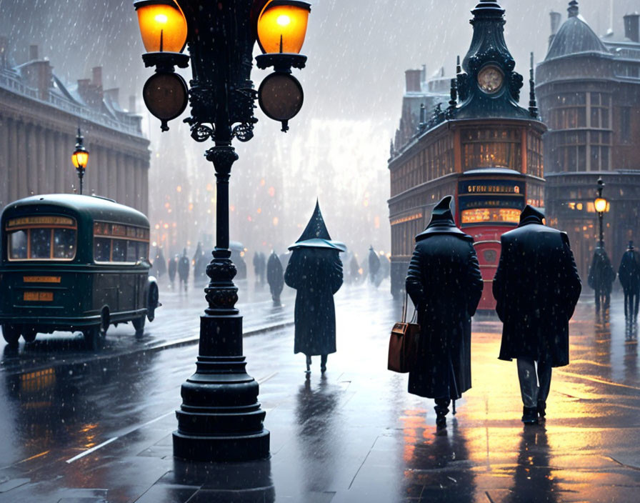 Pedestrians with umbrellas on rainy city evening with vintage buses and streetlamps.