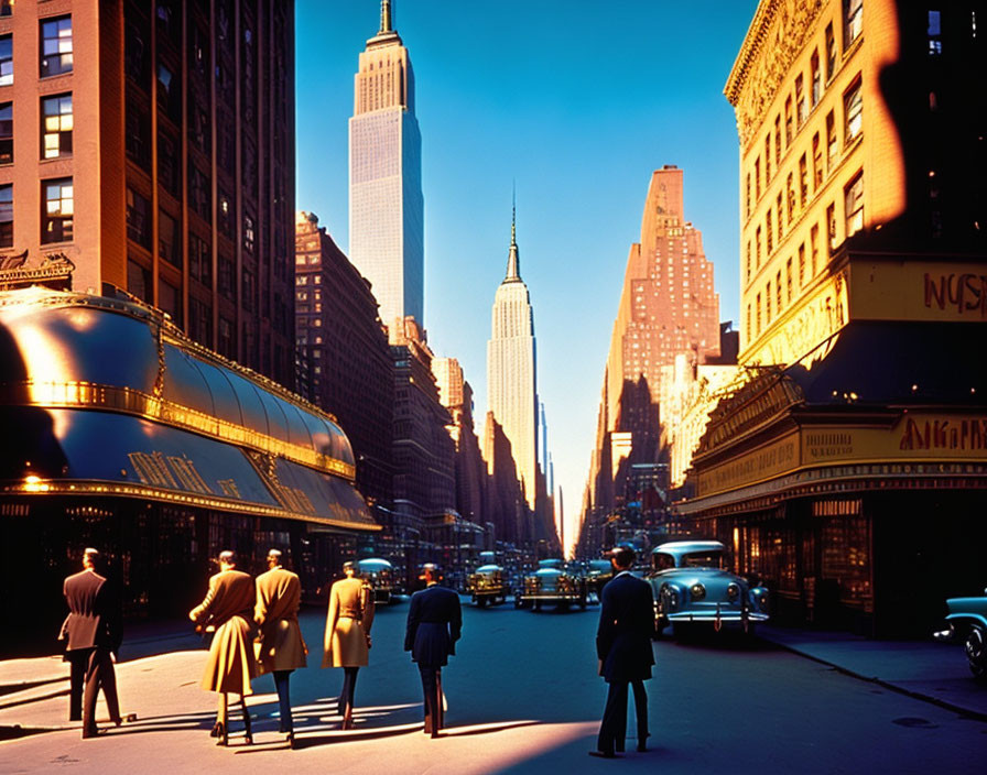Vintage city street with classic cars and pedestrians, Empire State Building at dusk