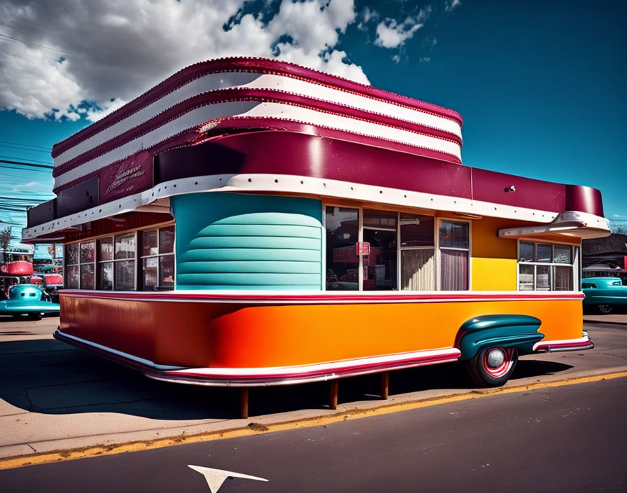 Colorful retro-styled diner with striped canopy under vivid blue sky