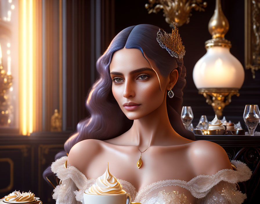 Blue-Haired Woman with Gold Tiara in Luxurious Sunlit Room
