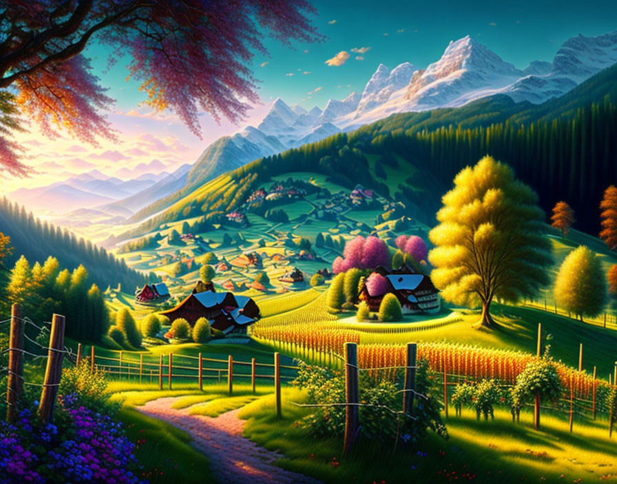 Picturesque landscape with lush valley, blooming trees, and snow-capped mountains.