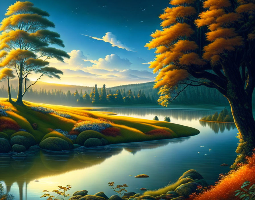 Tranquil Autumn Landscape with Lake and Trees at Sunrise or Sunset