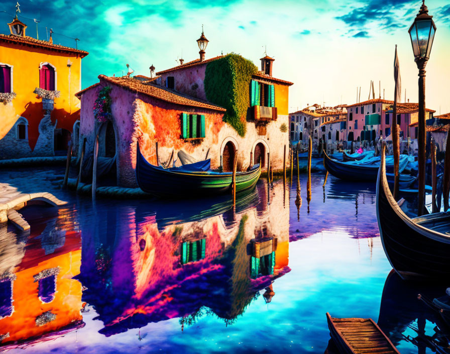 Vibrant Venetian houses and gondolas reflected in calm canal waters