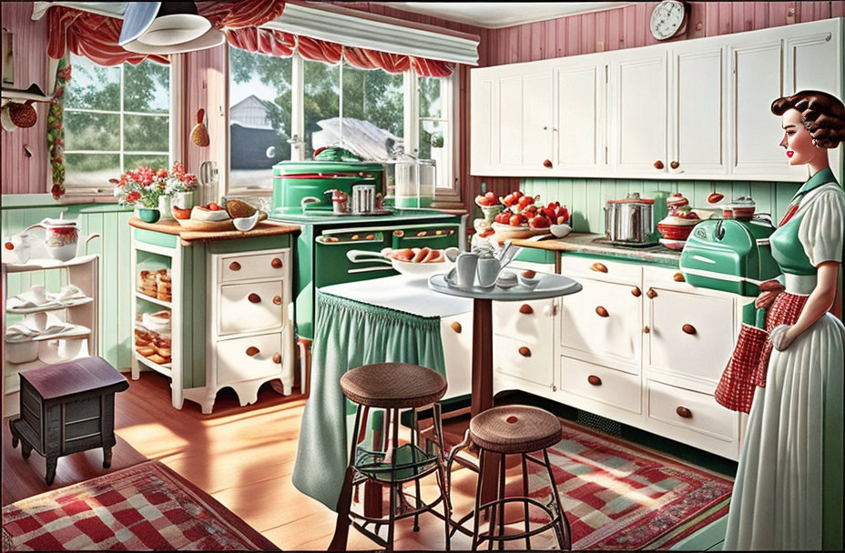 Vintage Red and White Kitchen with Woman in Green Dress and Retro Decor