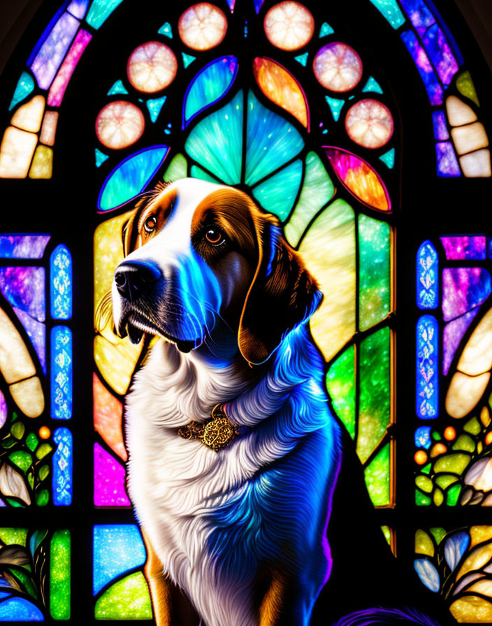 Contemplative dog in front of vibrant stained glass window