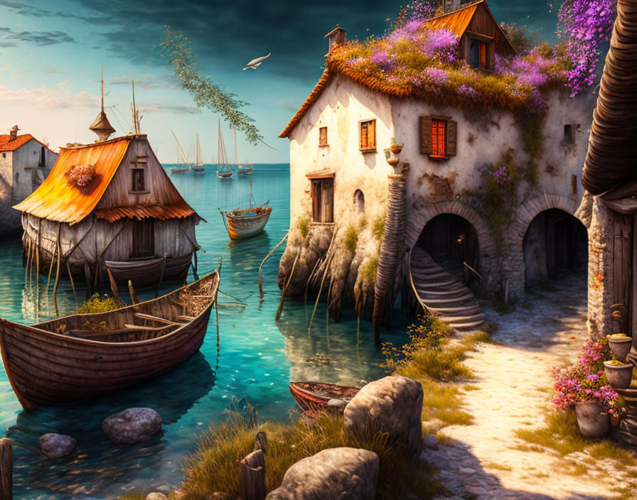 Seaside village with stilt houses, boats, cobblestone path, and purple flowers