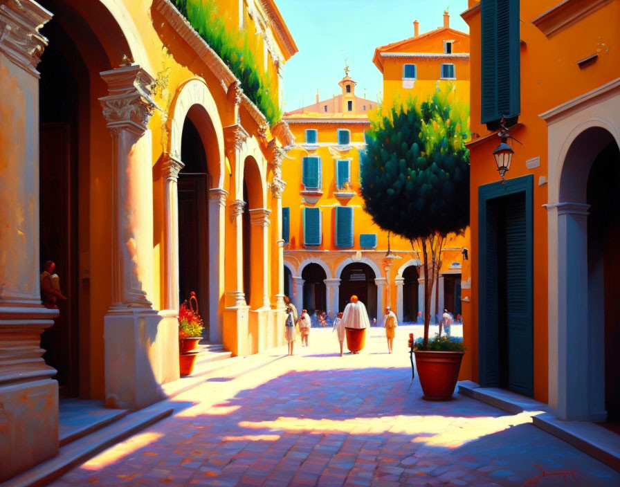 Vibrant European street scene with arches, people, and greenery