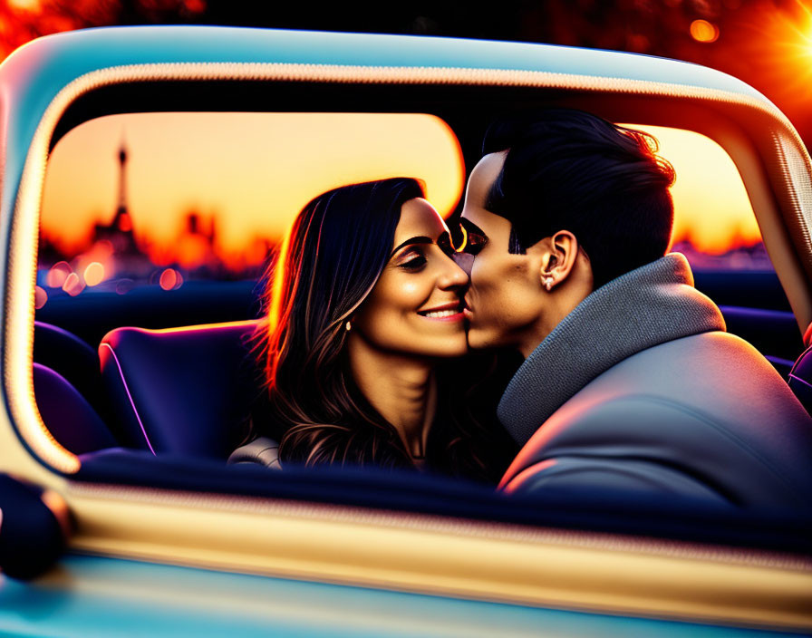 Romantic couple in car with city skyline at sunset