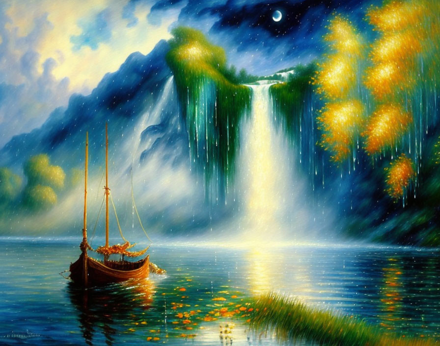 Tranquil sailboat painting with waterfall, trees, and twilight sky