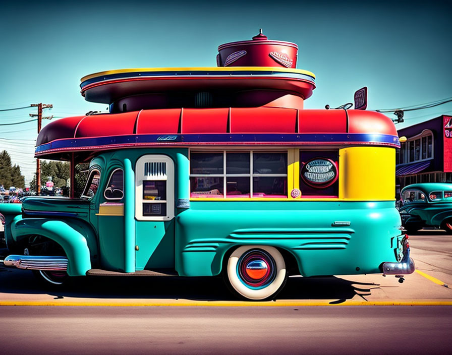 Vintage Teal Pickup Truck Converted into Diner-Inspired Vehicle